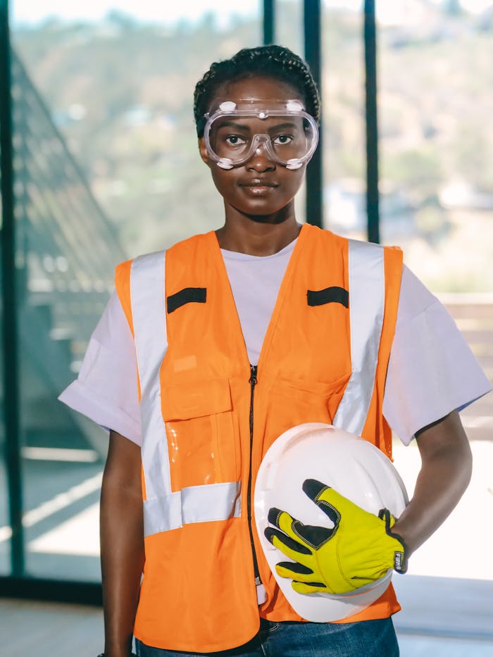 Engineer with safety gear and reflective vest standing indoors with hardhat